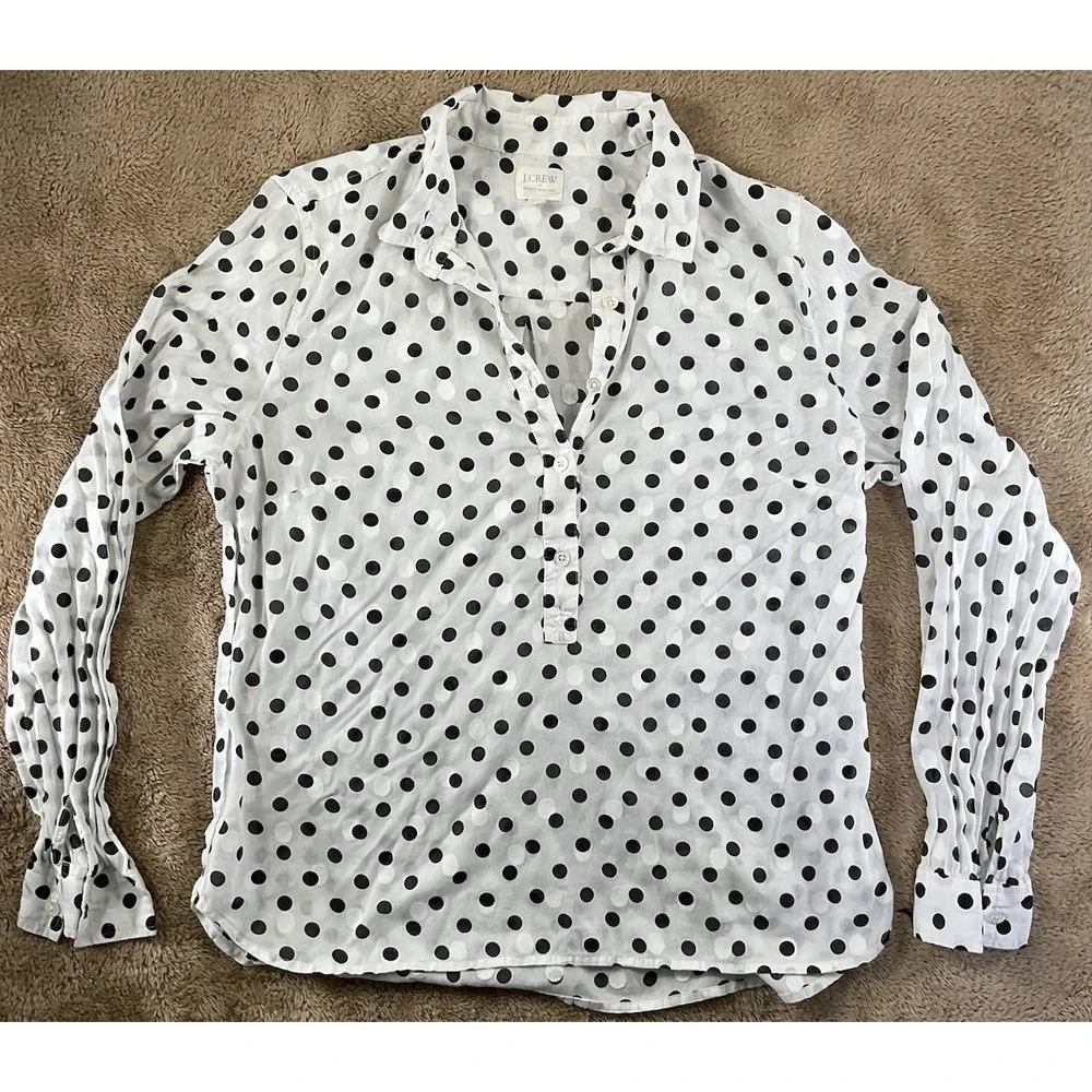 J. Crew Womens Polka Dot Popover Shirt Black White Cotton Long Sleeve Size L 267